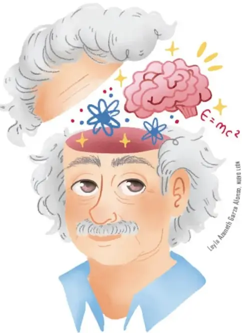 Ilustración de Albert Einstein con el cabello blanco alborotado, un cerebro rosado flotando sobre su cabeza con la fórmula E=mc² y destellos decorativos.