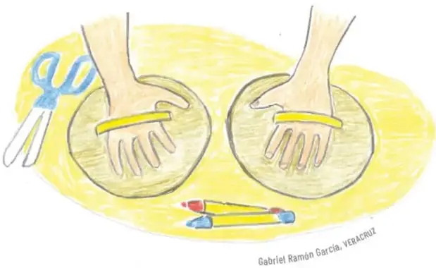 Dibujo de dos manos trabajando sobre círculos de cartón con bandas amarillas, con tijeras y crayones cerca: elaboración de raquetas o empuñaduras de cartón. Crédito: Gabriel Ramón García, Veracruz.