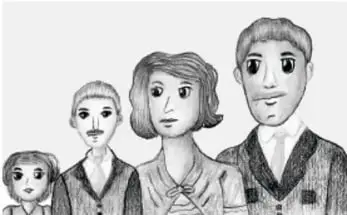 Dibujo en blanco y negro de una familia de cinco integrantes: niña, niño, mujer y dos hombres.