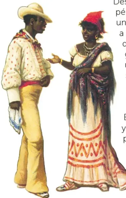 Acuarela de un hombre y una mujer afromexicanos vestidos con ropa tradicional: él con camisa bordada, sombrero y pañuelo; ella con falda larga, blusa y rebozo.
