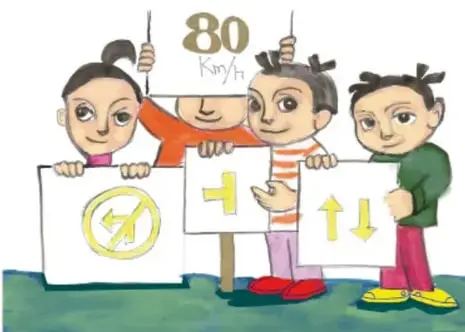 Ilustración de cuatro niños mostrando carteles con símbolos (reloj, cruz, flechas) y el número 80; crédito: José Francisco Bravo Moreno, Ciudad de México.