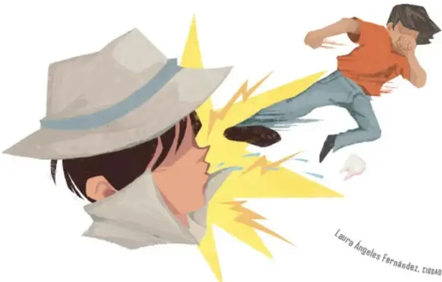 Un niño con sombrero de detective recibe una patada que le hace volar los dientes mientras otro niño huye; el fondo tiene destellos amarillos; crédito: 'Laura Ángels Fernández, Ciudad de México'.
