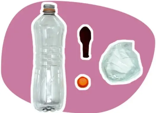 Ilustración de una botella de PET, un globo desinflado, un pedazo de bolsa de plástico y un recipiente con agua caliente.