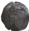 Fotografía del anverso de una moneda macuquina de Felipe II, 2 Reales de plata, con leyenda de Museo Numismático Nacional.