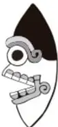 Ilustración de una máscara o rostro prehispánico estilizado en blanco y negro.