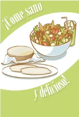 Ilustración de un plato con alimentos variados y la frase 'Come sano y delicioso'.