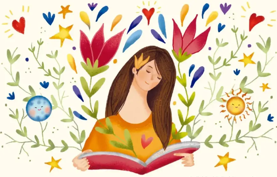 Ilustración acuarela de una joven de cabello castaño largo y blusa naranja que lee un libro rojo, rodeada de flores, estrellas, corazones, un sol y una luna sonrientes. Crédito: Ana María Hernández Hernández (ilegible la segunda parte del crédito).