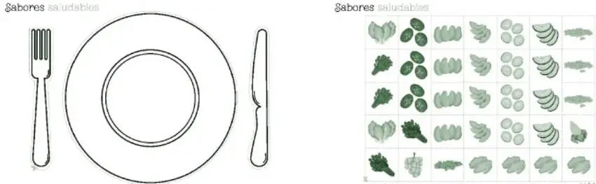 Plantilla 'Sabores saludables' con el dibujo de un plato grande acompañado de un tenedor (izquierda) y un cuchillo (derecha).