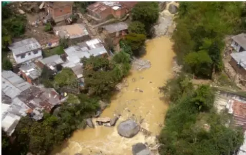 Fotografía aérea de una comunidad habitacional atravesada por un río de aguas turbias con viviendas próximas a las riberas, ilustrando un escenario de riesgo por desbordamiento o inundación.