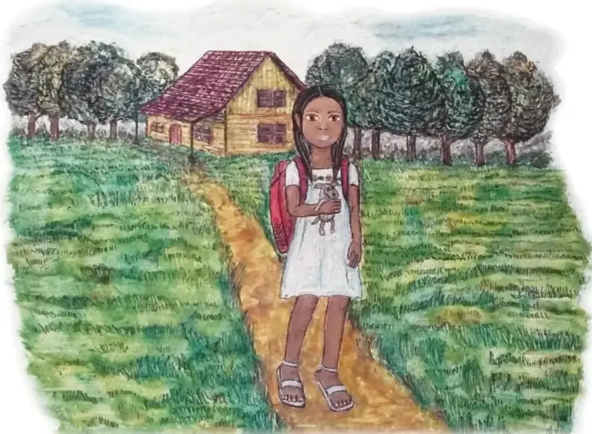 Ilustración en acuarela: Xareni, niña de vestido blanco con mochila roja, camina sola por un sendero de tierra entre praderas verdes; detrás queda una casa amarilla con techo rojo rodeada de árboles; sostiene a su perro de peluche con una mano. Firma: Alberto Martínez Martínez (Dizedded), Estado de México.