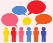 Ilustración sobre la competencia comunicacional, con personas y globos de diálogo, relacionada con las jerarquías sociales.