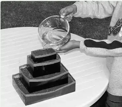 Fotografía de una estudiante que vierte agua con un vaso sobre un sistema de cuatro cajas de plástico apiladas de mayor a menor y llenas de tierra, colocadas sobre una mesa; el conjunto representa una terraza de cultivo.