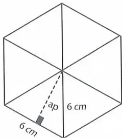Hexágono regular de lado 6 cm dividido en seis triángulos, con la apotema y las medidas necesarias para aplicar Pitágoras.