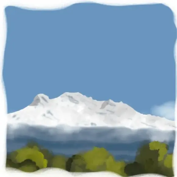 Ilustración de un paisaje montañoso con un volcán nevado, cielo azul y vegetación verde en la base. Representa la naturaleza y posiblemente los volcanes Iztaccíhuatl y Popocatépetl.