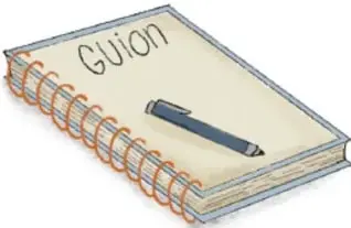Hojas de borrador numeradas y un cuaderno con la palabra Guion y un lapiz.