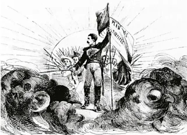 Ilustración en blanco y negro que muestra a un hombre sosteniendo una bandera con la inscripción 'PLAN DE TUXTEPEC', rodeado de figuras alegóricas y nubes.