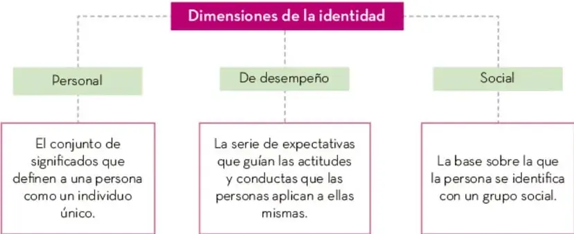 Organizador gráfico titulado 'Dimensiones de la identidad' con un recuadro central en rosa conectado por líneas punteadas a tres recuadros verdes (Personal, De desempeño, Social), cada uno con su definición en un recuadro con borde rosa.