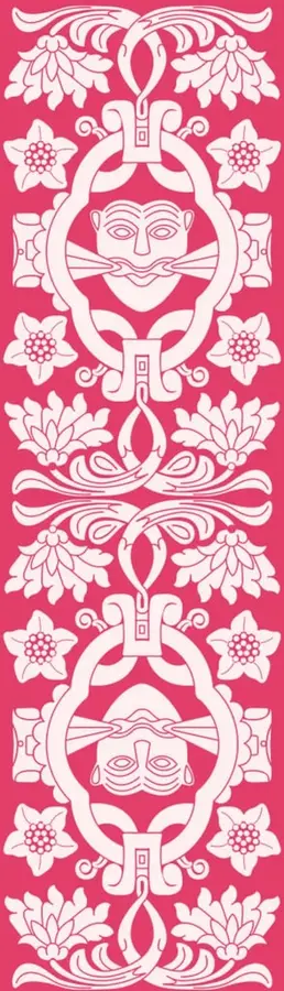 Ilustración decorativa en blanco sobre fondo rosa con motivos florales y geométricos simétricos, inspirados en arte popular mexicano (estilo tenango o bordado tradicional), que enmarca dos rostros estilizados en el centro.