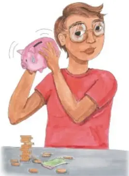 Ilustración de una niña con camiseta roja sosteniendo una alcancía en forma de puerco, con monedas y billetes sobre la mesa; crédito a Angélica Guadalupe Mendía Martínez, Baja California Sur.