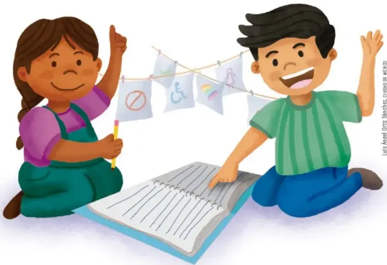 Ilustración de dos niños sentados en el suelo: una niña con trenzas y un niño con camisa verde. La niña sostiene un lápiz y señala un tendedero con dibujos que incluyen un símbolo de prohibido, una silla de ruedas y figuras diversas. El niño tiene un libro abierto sobre sus piernas. Al fondo, un tendedero con mensajes. Crédito: Luis Ángel Ortiz Sánchez.