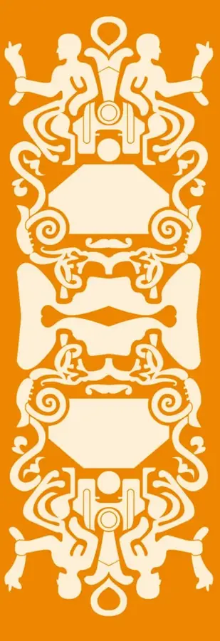 Ilustración decorativa en tonos naranja y crema con figuras humanas estilizadas simétricas, posiblemente de inspiración prehispánica o popular mexicana, que acompaña el texto.