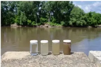 Muestra de agua tomada de un río con árboles de manglar al fondo, ilustrando la fuente de agua natural y su posible contaminación.