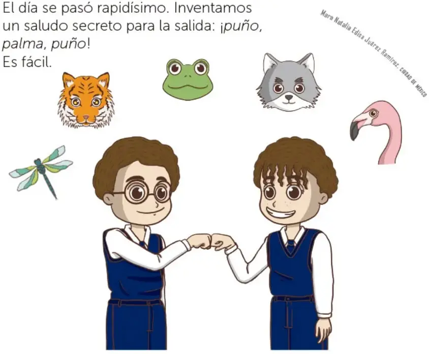 Los dos niños sonriendo y chocando puños; alrededor hay cabezas de tigre, rana, lobo y flamenco, y una libélula.