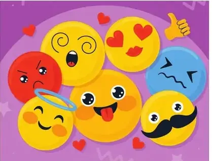 Mosaico de ocho emojis sobre fondo morado: corazón de ojos, beso, hipnotizado, enojado, ángel, sonrisa con lengua, bigote, etc.