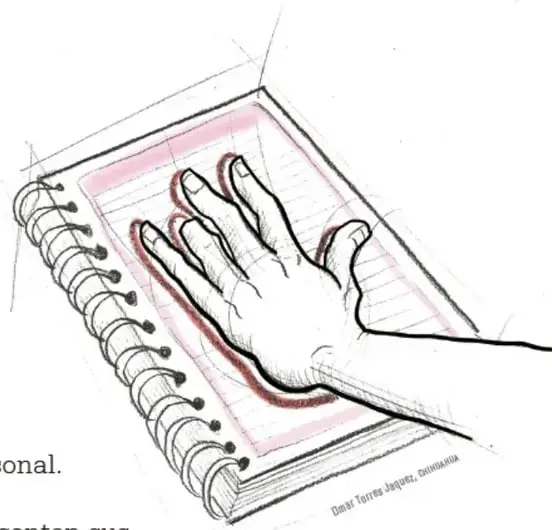 Ilustración de una mano dibujando el contorno de otra mano sobre un cuaderno de espiral.