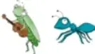 Ilustración de una cigarra verde y una hormiga azul, personajes del poema.