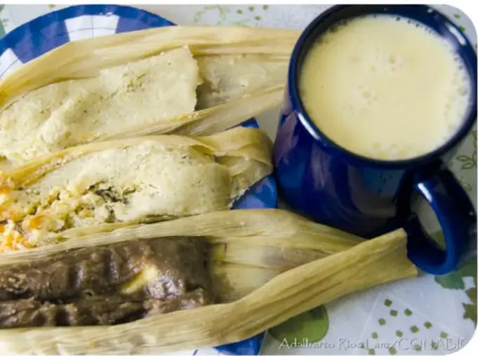 Fotografía de tamales envueltos en hojas de totomoxtle junto a una taza azul con atole.
