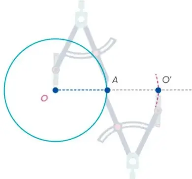 Circunferencia c con centro O y punto A; se muestra la prolongación del radio OA hasta el punto O'.