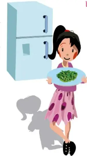 Ilustración de una niña sosteniendo un plato con verduras junto a un refrigerador.