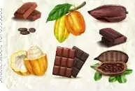Ilustración de productos derivados del cacao, relacionada con el reconocimiento de los usos y saberes tradicionales del cacao nacional como Patrimonio Cultural Inmaterial.