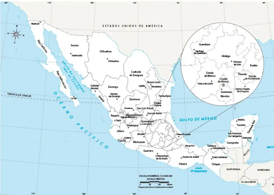 Mapa político de México con división estatal, nombres de estados, límites internacionales, océanos, y un recuadro ampliado de la zona centro del país. Incluye escala numérica 1:12 000 000 y escala gráfica de 0 a 300 km.
