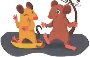 Ilustración de dos ratones realizando una actividad circense.