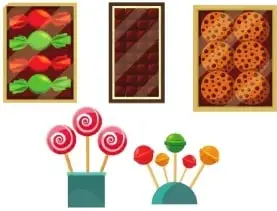 Ilustración de chocolates, galletas y chupetes que representa los dulces del problema.