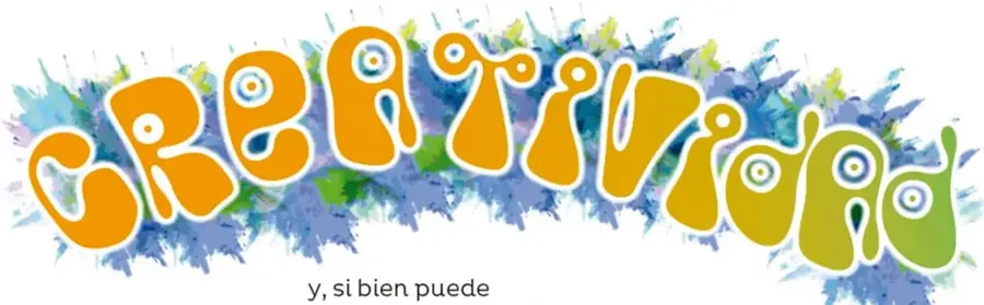 Logotipo artístico con la palabra 'Creatividad' en letras naranjas y verdes sobre salpicaduras de pintura azul, verde y amarilla.