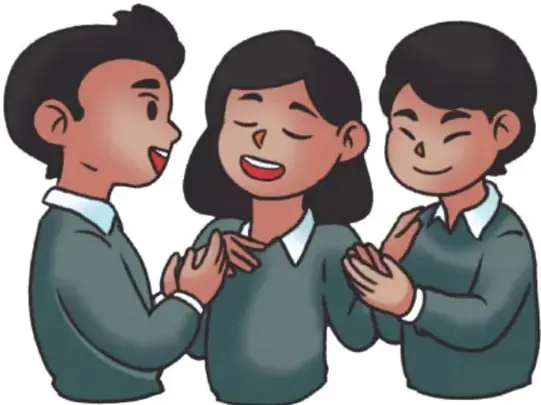 Ilustración de tres estudiantes (dos niños y una niña) con uniforme gris, cantando y aplaudiendo juntos. Crédito: Mariana Reyes Santiago, ESTADO DE MÉXICO.