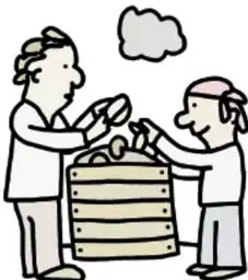 Ilustración de dos personas compartiendo o cargando una caja o recipiente, evocando la colaboración comunitaria. Crédito: Luis Ricardo Ramos Hernández, PUEBLA.