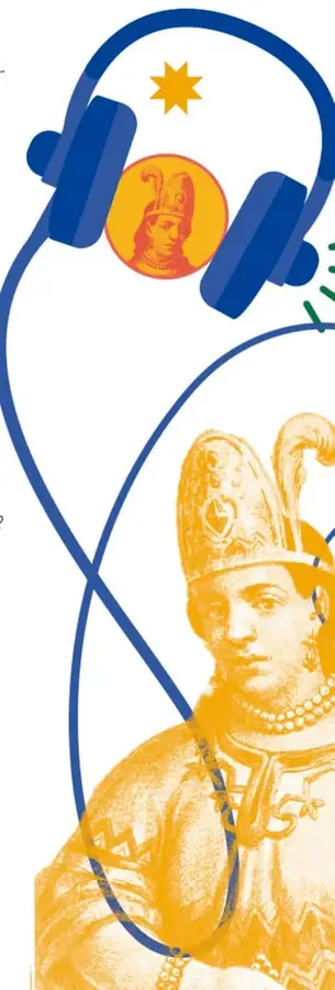 Ilustración collage: audífonos azules de gran tamaño rodean un círculo naranja con el rostro de Malintzin; abajo, retrato de la misma mujer en tonos naranja y amarillo con collar de perlas, vestimenta elegante y penacho, atravesado por el cable azul de los audífonos.