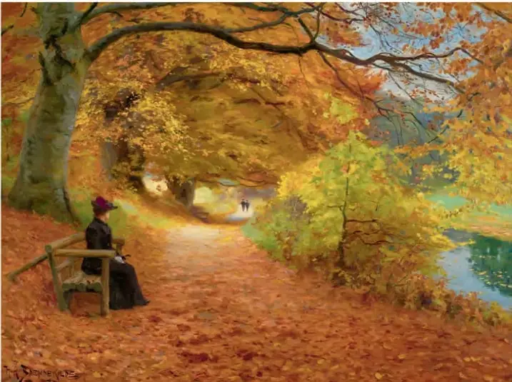Reproducción del cuadro *Un camino boscoso en otoño* (1902) de Hans Brendekilde: un sendero cubierto de hojas ocres y rojas, árboles de follaje otoñal, una mujer sentada en una banca y una laguna al fondo.