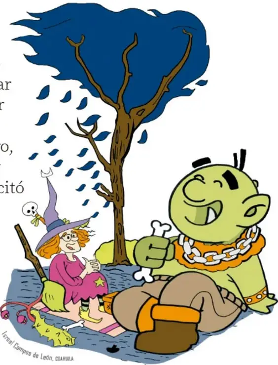 Eloísa ya sin transformación, con sombrero morado y vestido rosa estrellado, riéndose junto a Osis el Ogro sonriente que muerde un hueso, sentados al pie del árbol con hojas azules cayendo; hay escoba, botas y un calaverita decorativa.