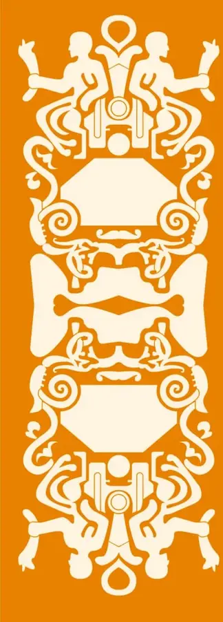 Ilustración decorativa simétrica en crema sobre fondo naranja, con figuras humanas estilizadas en la parte superior e inferior que sostienen objetos, entre formas vegetales y espirales, representando la diversidad y la dualidad.