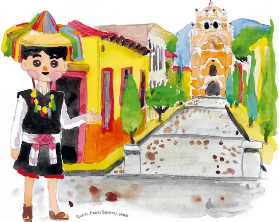 Acuarela de un niño con traje tradicional chiapaneco (sombrero de cintas de colores, chaqueta negra bordada y cinturón rojo) presentando una calle empedrada de San Cristóbal de las Casas con casas amarillas, cipreses verdes y una iglesia naranja con cruz en lo alto.