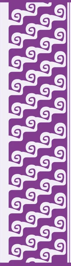Franja vertical de color morado con un patrón ornamental repetitivo de espirales o grecas estilo prehispánico en blanco.
