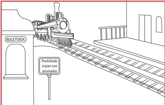 Ilustración de una estación de tren con un cartel que dice «Prohibido viajar con animales» y una boletería.