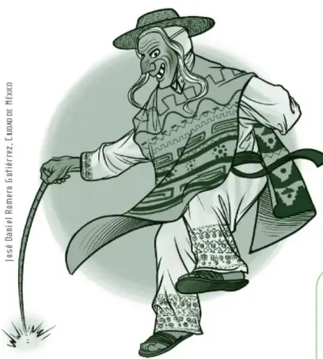 Ilustración de un danzante tradicional con máscara, sombrero y vestimenta bordada, sosteniendo un bastón. Referencia: José Daniel Romero Gutiérrez, Cuan de México.