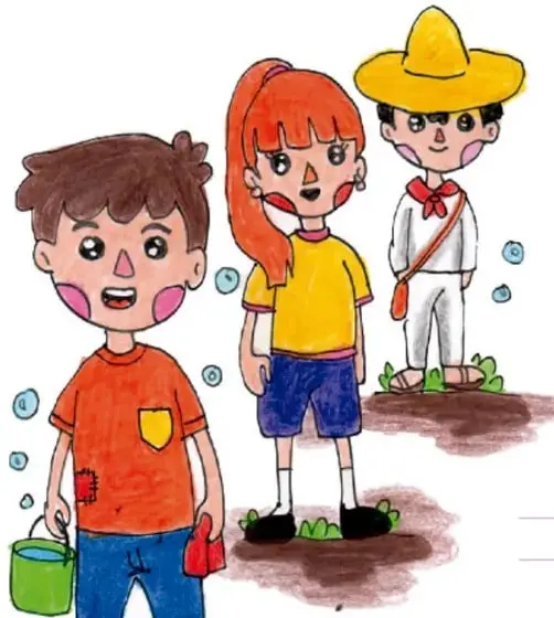 Ilustración de tres estudiantes de primaria: un niño con playera naranja y cubeta verde, una niña con playera amarilla y un niño con sombrero amarillo y uniforme blanco, de pie sobre tierra con plantas.