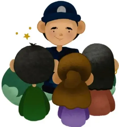Ilustración de un adulto con uniforme azul y gorra hablando con un grupo de niños y niñas de espaldas, representando el diálogo con la comunidad.